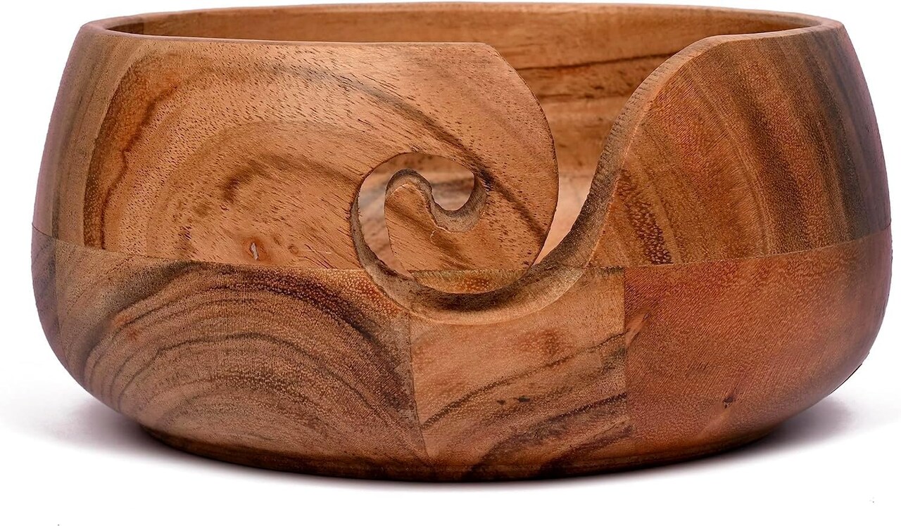 Acacia Wood Wooden Yarn Bowl for Crocheting & Knitting Hand Made (6" x 6" x 3")